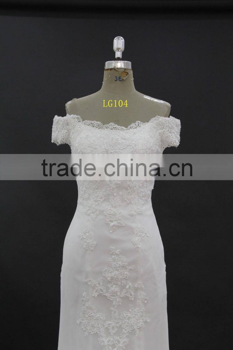 off-shoulder straight neckline horse tail at hem make ruffle effect sheath wedding dress