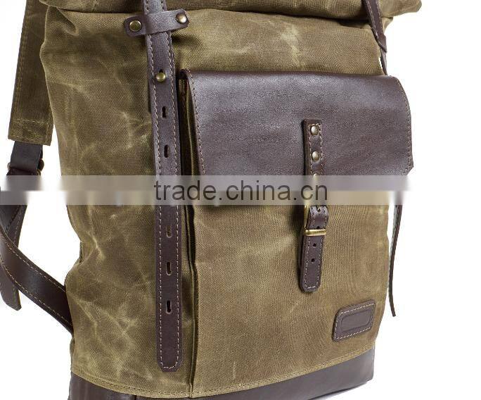 2015 new design army green waxed canvas hiking backpack,large canvas school backpack, vintage laptop backpack for students