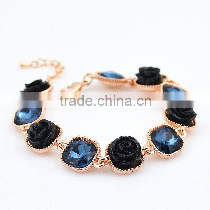 Wholesale fashion ocean blue square diamond rose flower bracelet