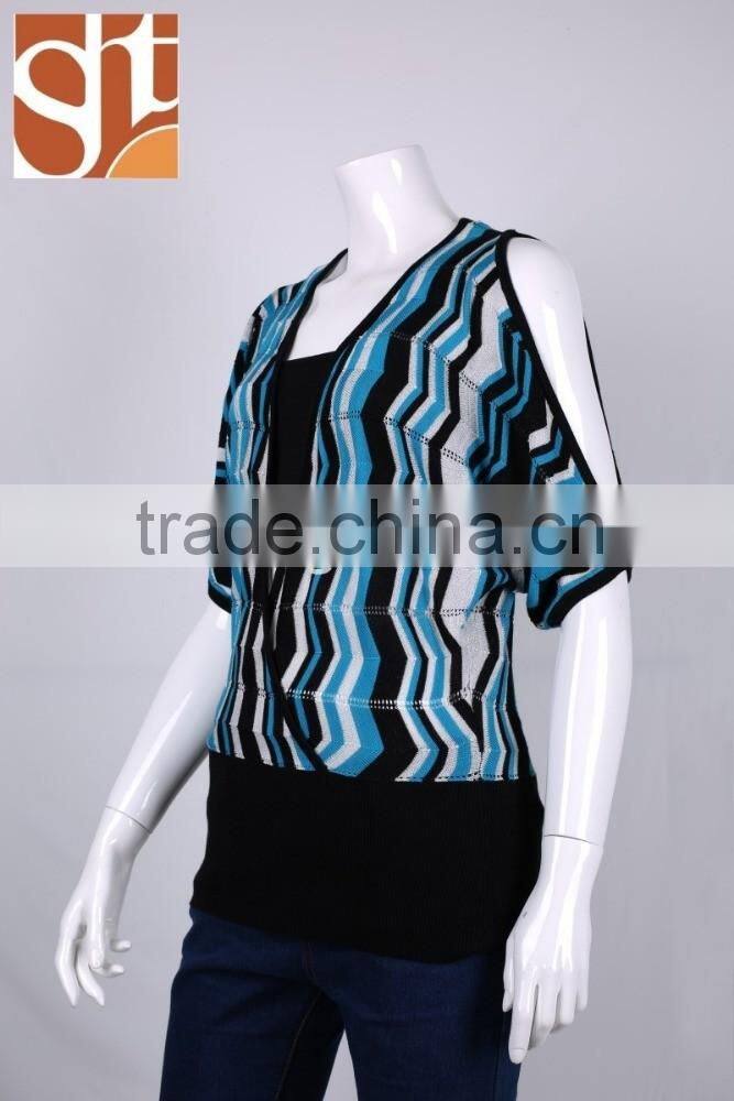 Creative products womens' V neck dolman sleeve loose pullover knitted sweater with stripes &pointell