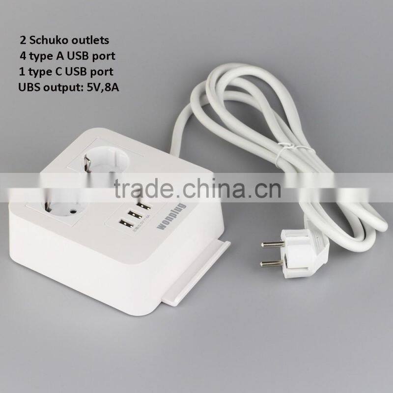 Home/Office electrical power socket 2 outlet Desk Schuko Plug With Surge Protection 2M Long Extension Cord 5 USB