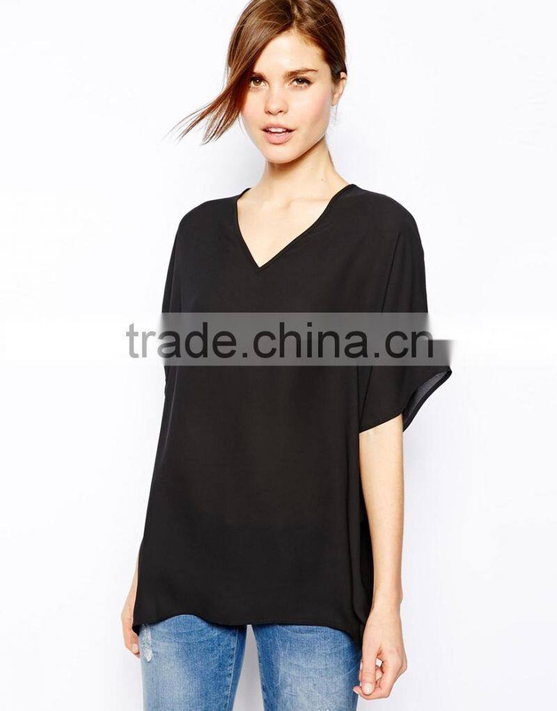 China wholesale shirt woman Polyester V- neckline New Designer Plain Black T shirts