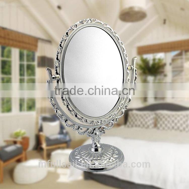 Plastic double sides mirror flower frame high quality free standing table /desktop mirror