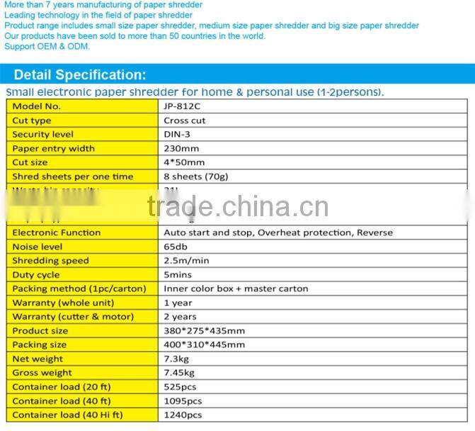 JP-812C auto mini cross cut paper shredder