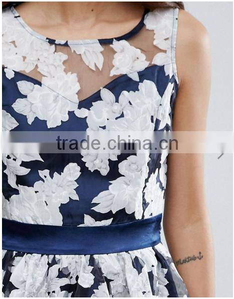 Guangzhou Fashion Clothing OEM Navy Slash Detail Sexy Organza Floral Dress