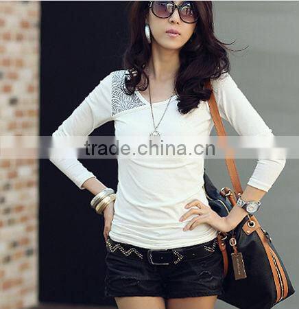 Ladies' Trendy long sleeve T-Shirt with printing,white and black T shirt,plain ladies T shirt