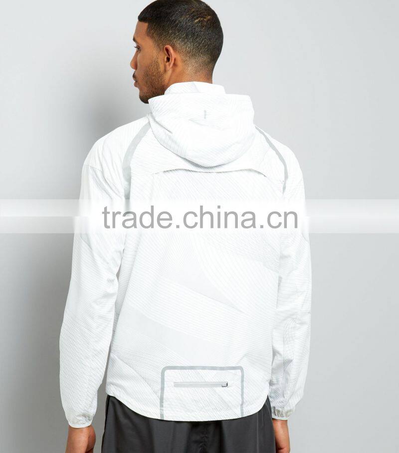100% Polyester All Over Print Reflective Trim White Hooded Sports Jacket Mens With Mesh Lining Inside Simple Long Sleeves
