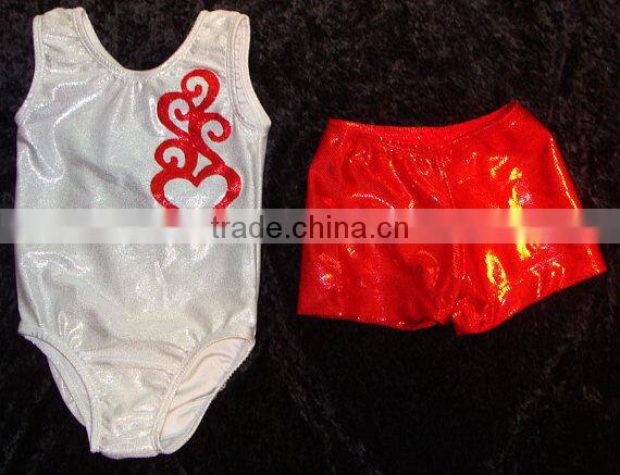 Clearance Gymnastics sequin leotard for toddler in silver/white mystique with a red shattered glass heart design and shorts