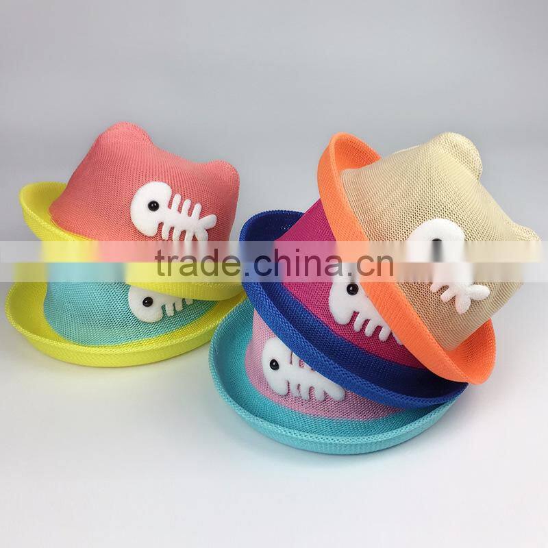 2017 Fashion Straw Hats Summer Baby Ear Decoration Lovely Children Character Girls And Boys Sun Hat Solid Children Floppy mz-254