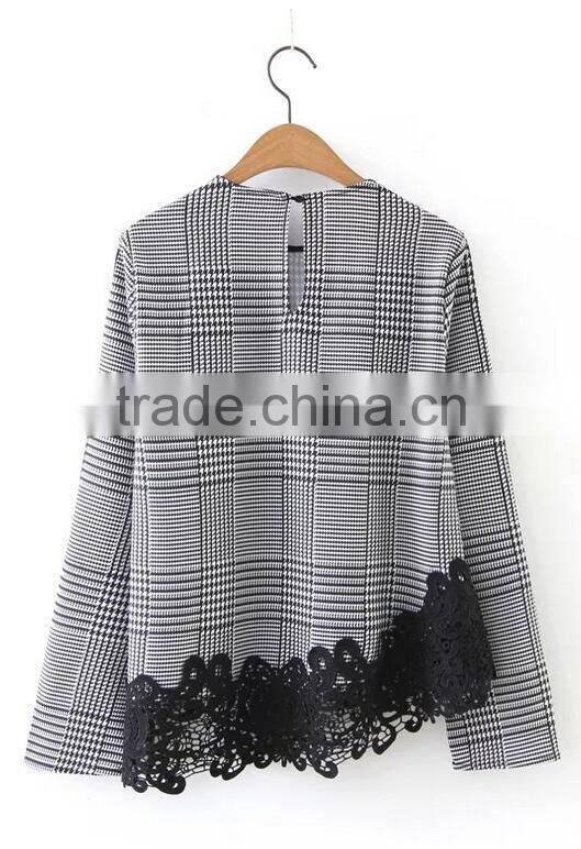 Runwaylover EY2378B Ladies 2017 Fashion Lace Splice Plaid Blouse
