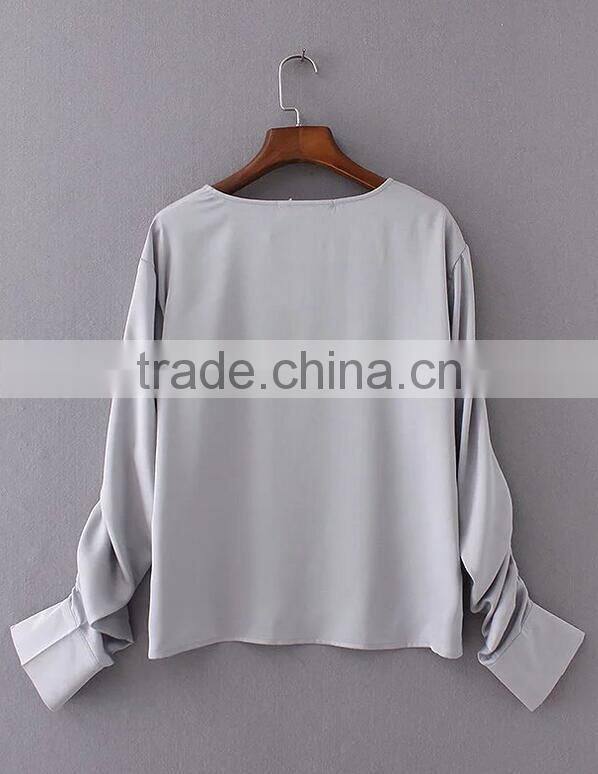 Runwaylover EY2335B Women Fold Sleeve Pure Color Blouse 2017