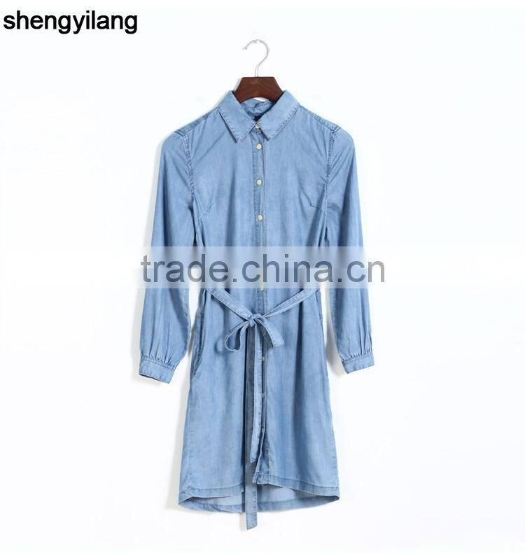 stylish leisure long sleeve denim jeans dress with waistband