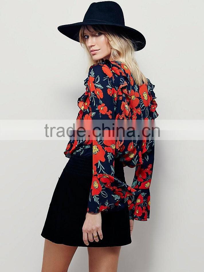 Guangzhou Shandao Supplier OEM Custom Design Women Spring Casual Long Flare Sleeve Flower Printed Chiffon Blouse 2016