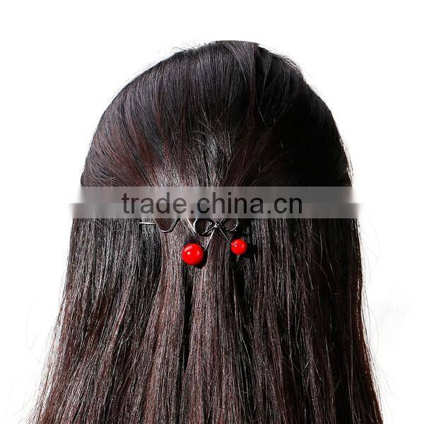 New Fashion Wave Gunmetal With Red Cherry Acrylic Beads Hair Clips