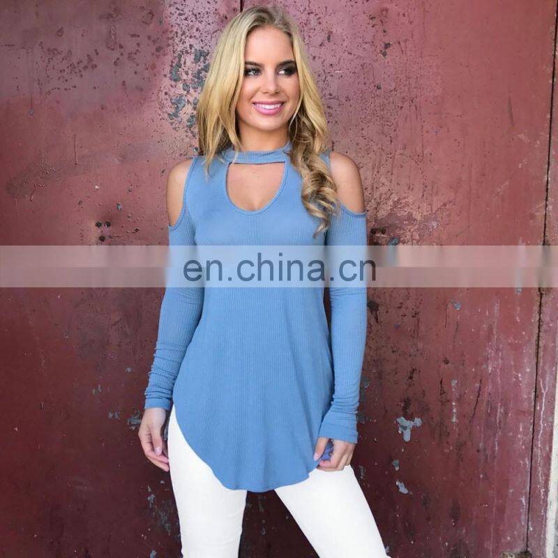 Top Selling Products Blue Cold Shoulder Long Sleeve Jersey Top Woman