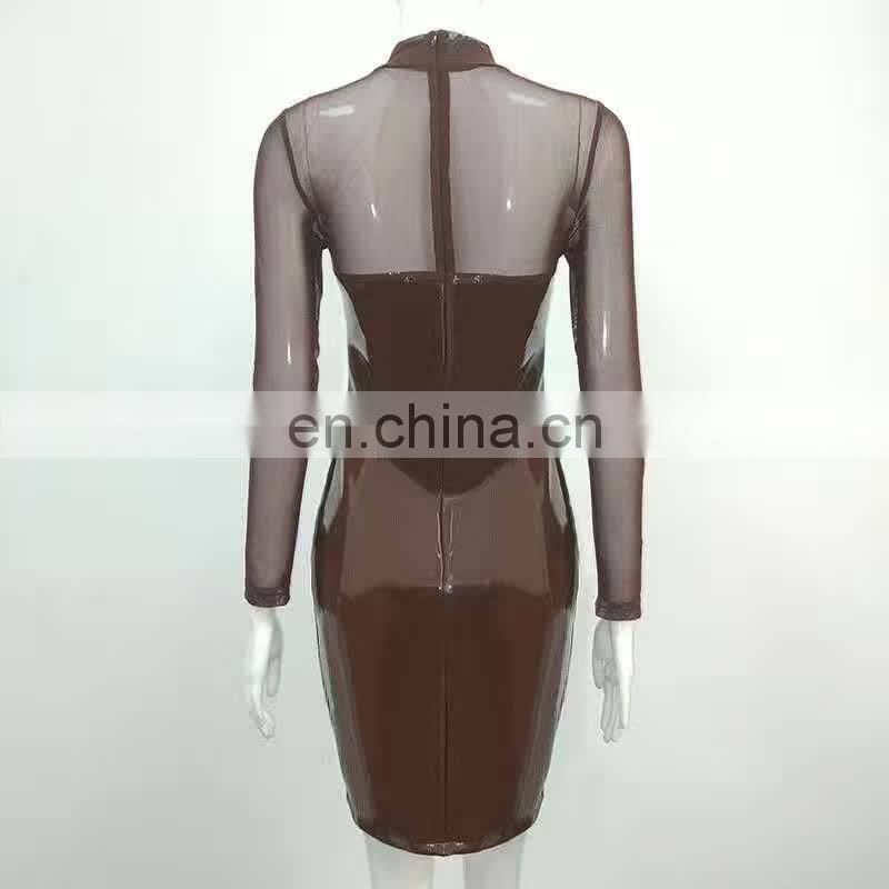 Dress Dropshipping Women Clothing Sexy Mesh Strapless Faux Leather Bodycon Mini Dresses