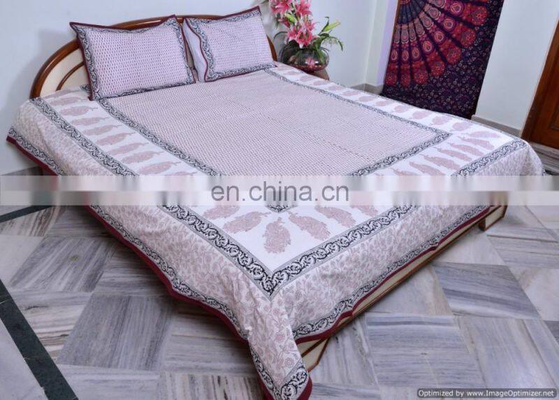 Indian Traditional Block Printed Bed Sheet Bohemian Cotton Handmade Bedspread Bed Cover With Pillow Covers