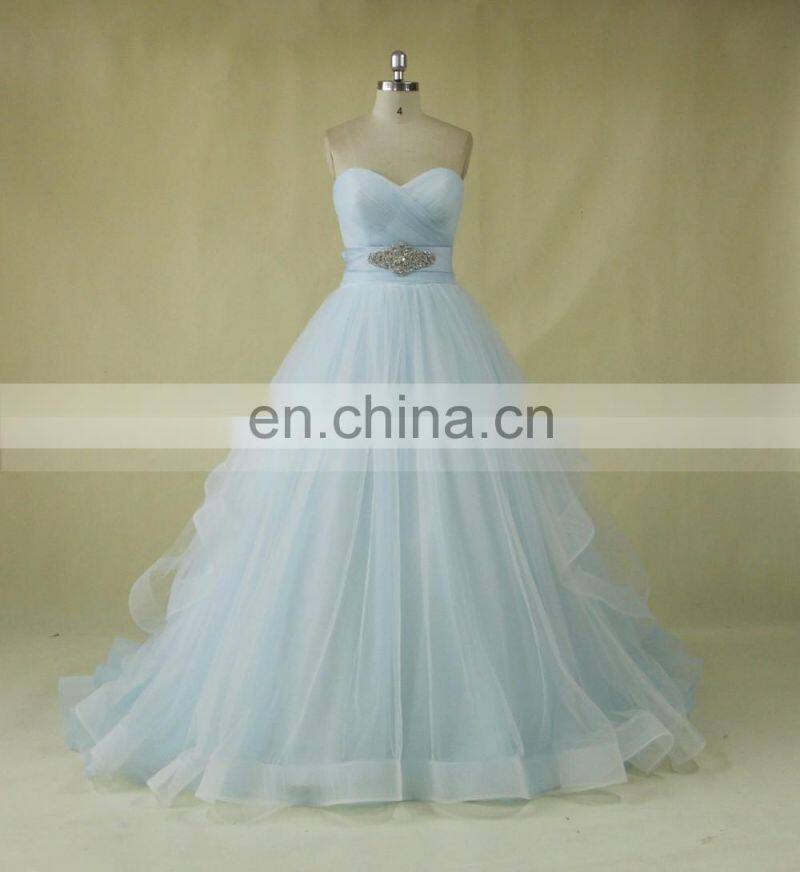Backless Tulle Light Blue And White Wedding Dress
