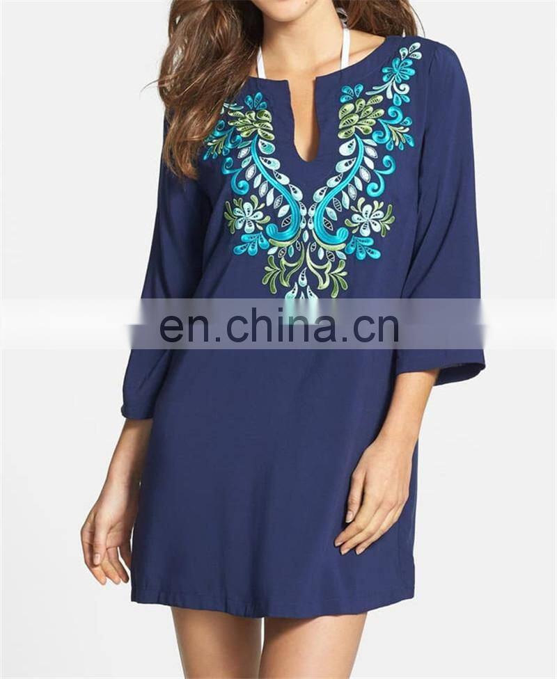 Dark Blue Bohemian Embroidered Three Quarter Sleeve Short Summer Beach Dress Cotton Tunic Women Beachwear Sarong plage