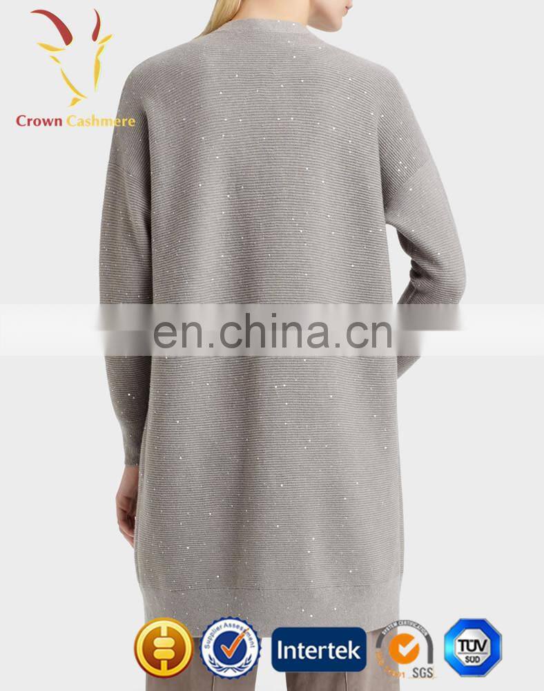 Women Gray Long Length Style Cashmere Cardigan With Button