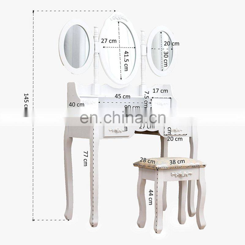 Large White 7-Drawer Vanity Makeup Dressing Table Set with 3 Mirrors and Jacquard Cushioned Stool