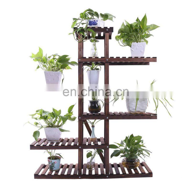 Carbonized Wood Plant Stand Holder 6 Tier High Low Shelf Space Saving Flower Display Rack For Indoor Outdoor Garden Patio Balcon