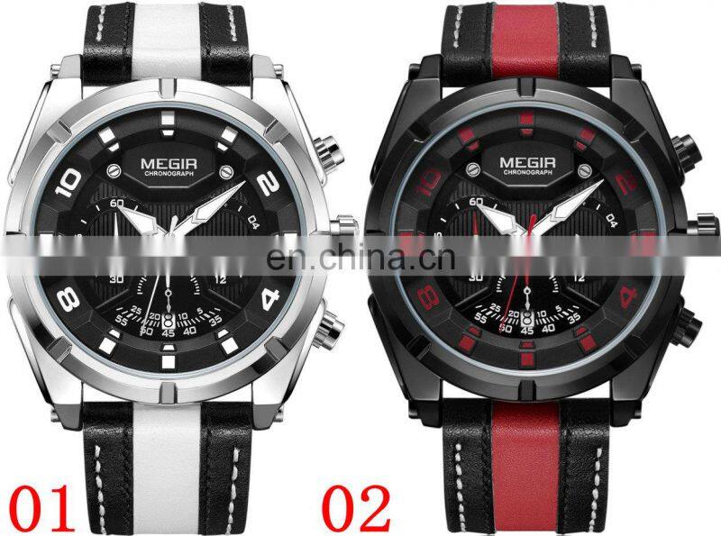 MEGIR 2076 Men'S Fashion Casual Quartz Movement Auto Date Leather Band Analog Watch Band Leather