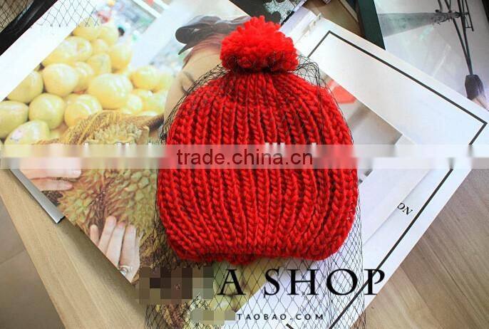 Hot Selling Lace Cover Tied Plain Acrylic Knitting Fashion Ladies Beanie Hat