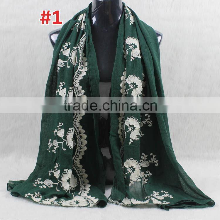 New Style Cotton Viscose Beautiful Flower Design Embroidery Shawl Scarf