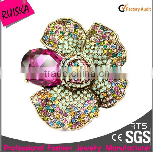 2015 Latest Arrival Crystal Flower Brooch With Big Rosiness Stone Colorful Rhinestone