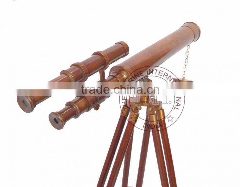 BROWN ANTIQUE BRASS TELESCOPE WITH WOODEN STAND - COLLECTIBLE MARINE 18" TELESCOPE ON STAND