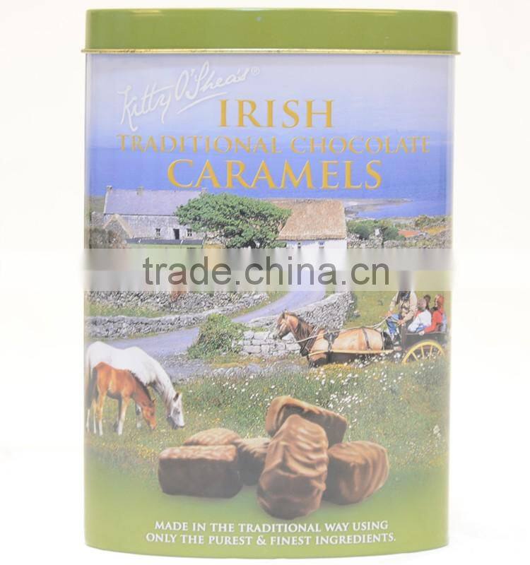 Oval metal tin box for delicious caramels packaging