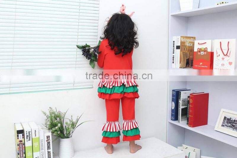 wholesale red boutique ruffle Christmas outfits two pieces Christmas pajamas for baby girls