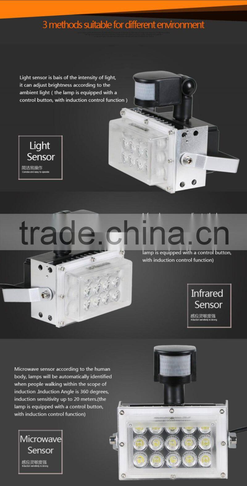 IP65 Outdoor Smart Light Infrared Microwave Sensor 30W 45W LED Spot Light Floodlight for Parking Lot Gate Garage Stair Lighting