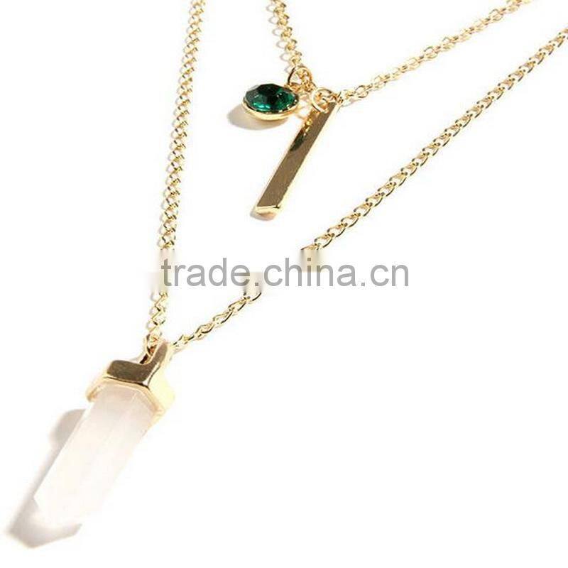 Artificial Cutting Pink Stone Multi Layers Long Necklace Choker For Fashion Lady