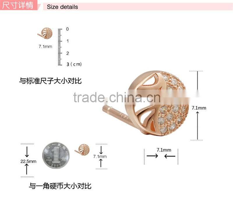 round leaf shaped zircon gold plating lady elegant stud earring circle silver