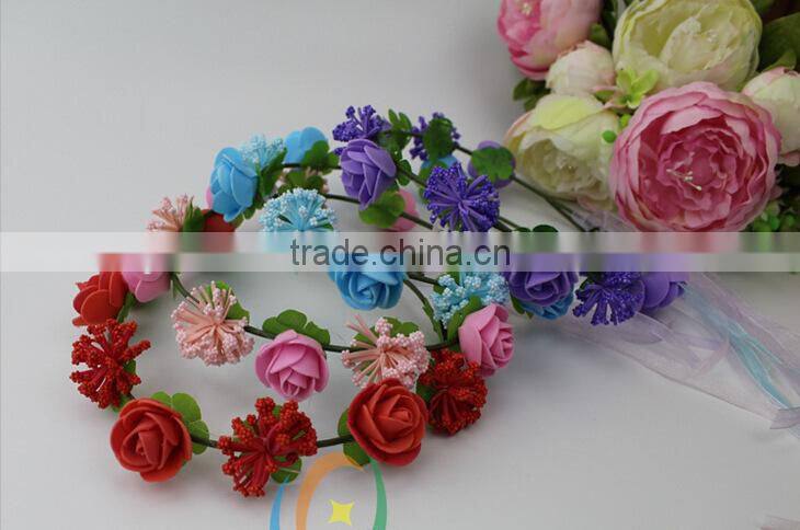 Mixed big rose headband with color silk ribbon ,PE rose flower hairband headband