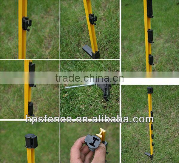 Fiber reinforced plastic tread in post for electric fence ropes and tapes