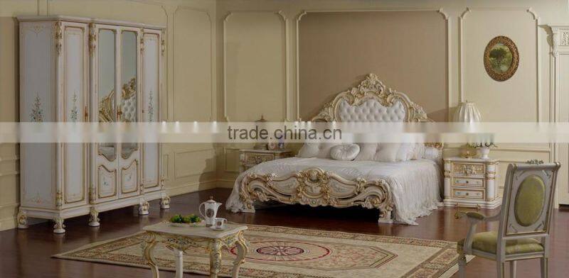 European Royal Four Doors Wardrobe with Mirrors, Elegant Hand Painting Bedroom Wardrobe