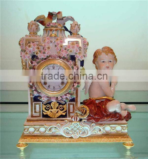 Vivid Churub Flower Ceramic Table Standing Clock, Luxury Design Hotel Decorated Desk Clock, Gold Plated Decorative Art