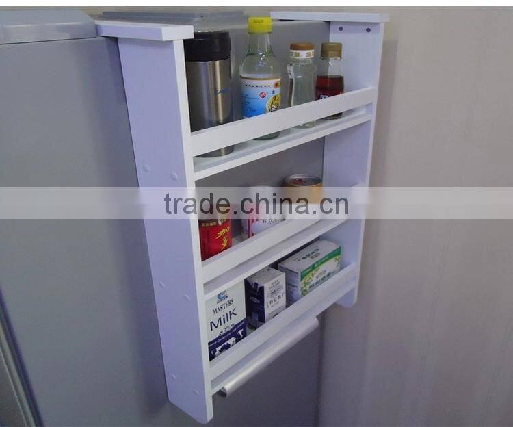 Wooden Storage Shelf Beside Fridge White Kitchen Assemble Shelf