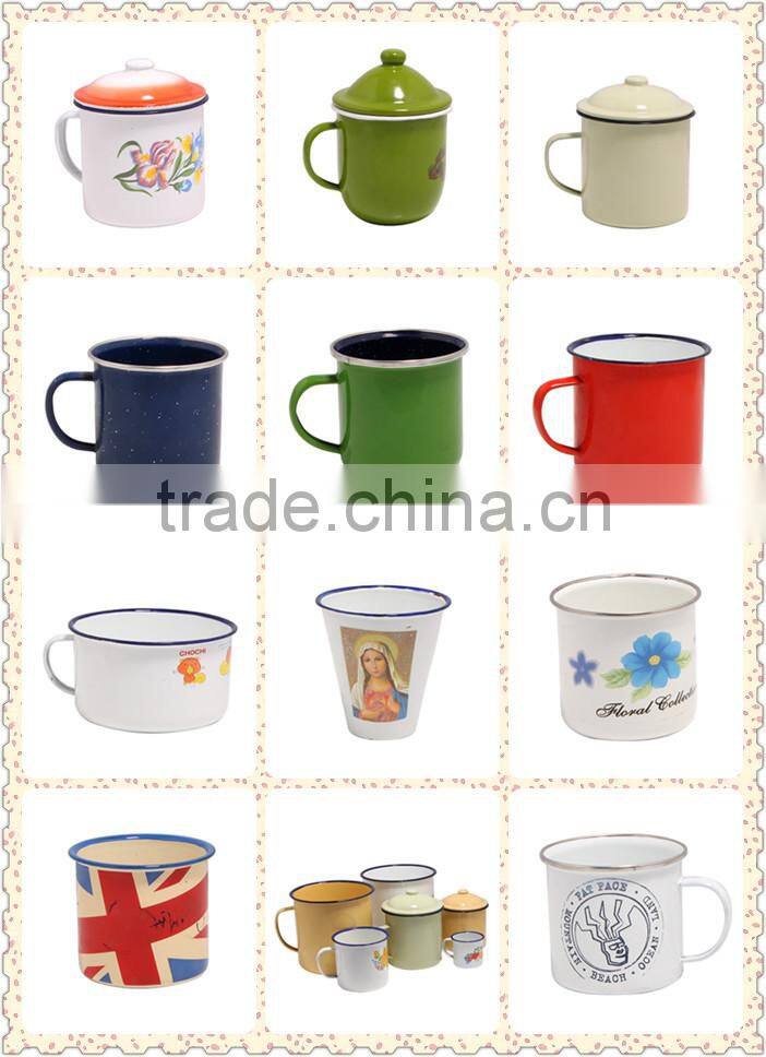 Customer printed Sublimation Enamel Camping Mug With Stainless Steel Rim/rolled Rim gift mug