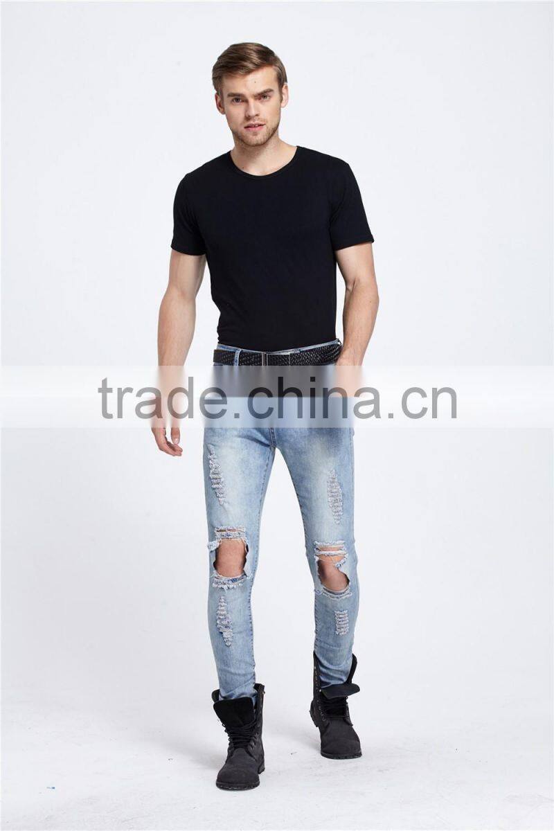Korea style men ripped jeans washed ankle destroyed pants