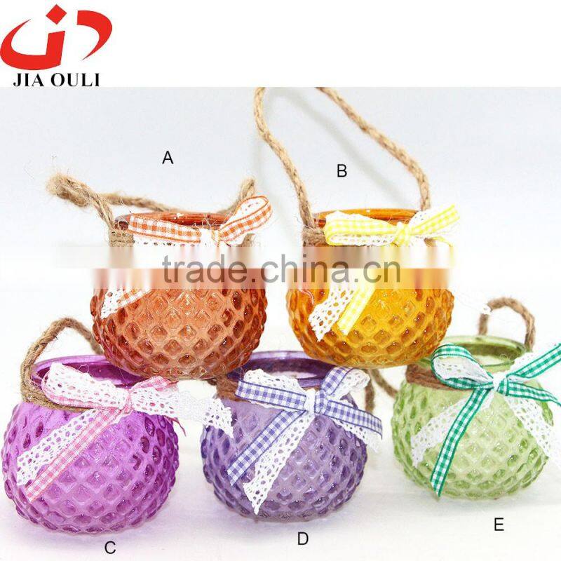 2016 New design with ribbon Hanging Glass Flower Pot , Glass Planter