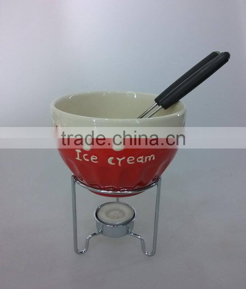 ceramic colored chocolate fondue warmer with metal rack