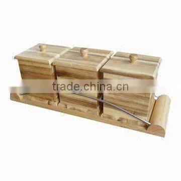 3-Pieces Acacia wood canister set + wood & metal wired holder.