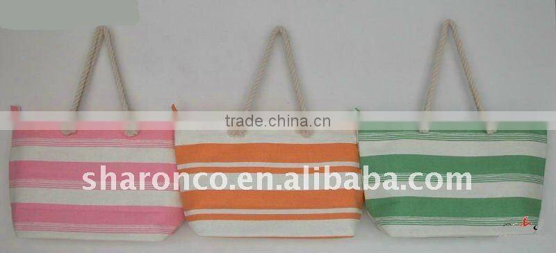 Candy strip paper straw fabric beach bag with handle
