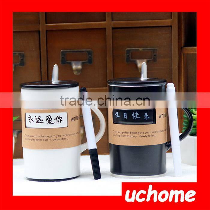 UCHOME Black White Message Ceramic Mug With Lid Spoon Creative Cup With a Pen