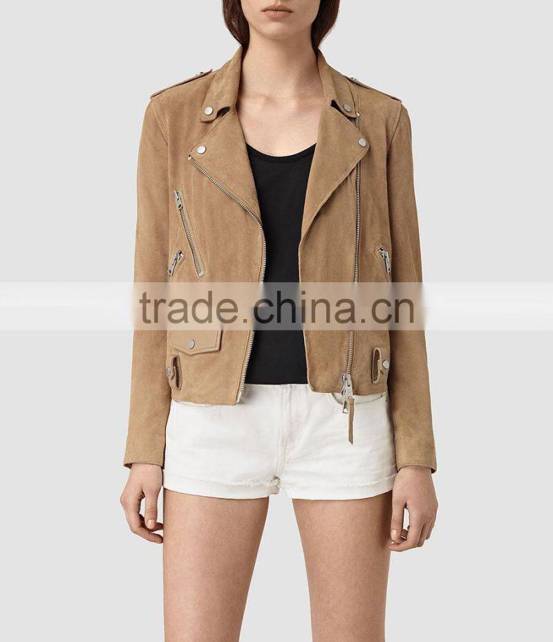 Cool newest slim fitting zip pockets classic city style blank suede biker jacket for women