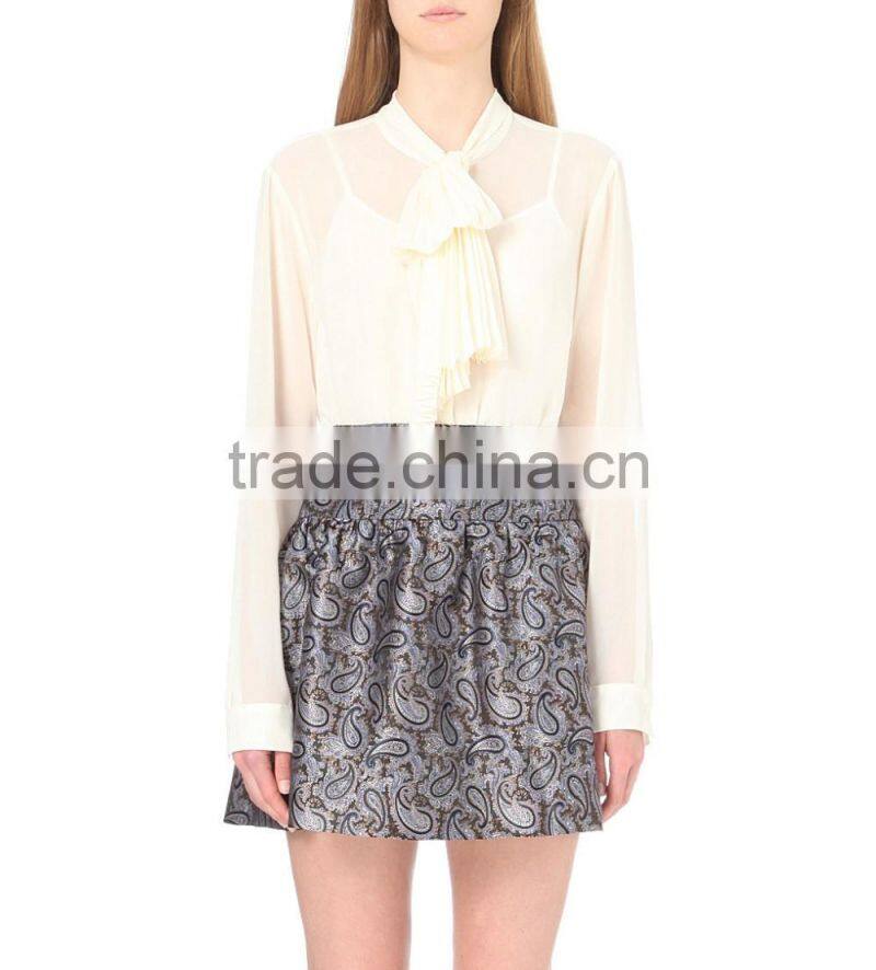 Wholesale Women Curved Hem Long Sleeves Buttoned Cuff Pleated-tie Chiffon Shirt(DQE0098T)